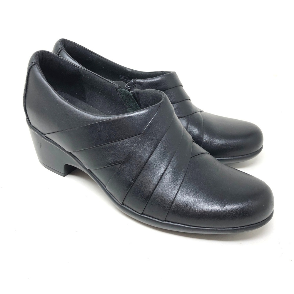 Clarks Womens 9 Genette Rise Shoeties Black Leather Pleatedβ Zip Heels